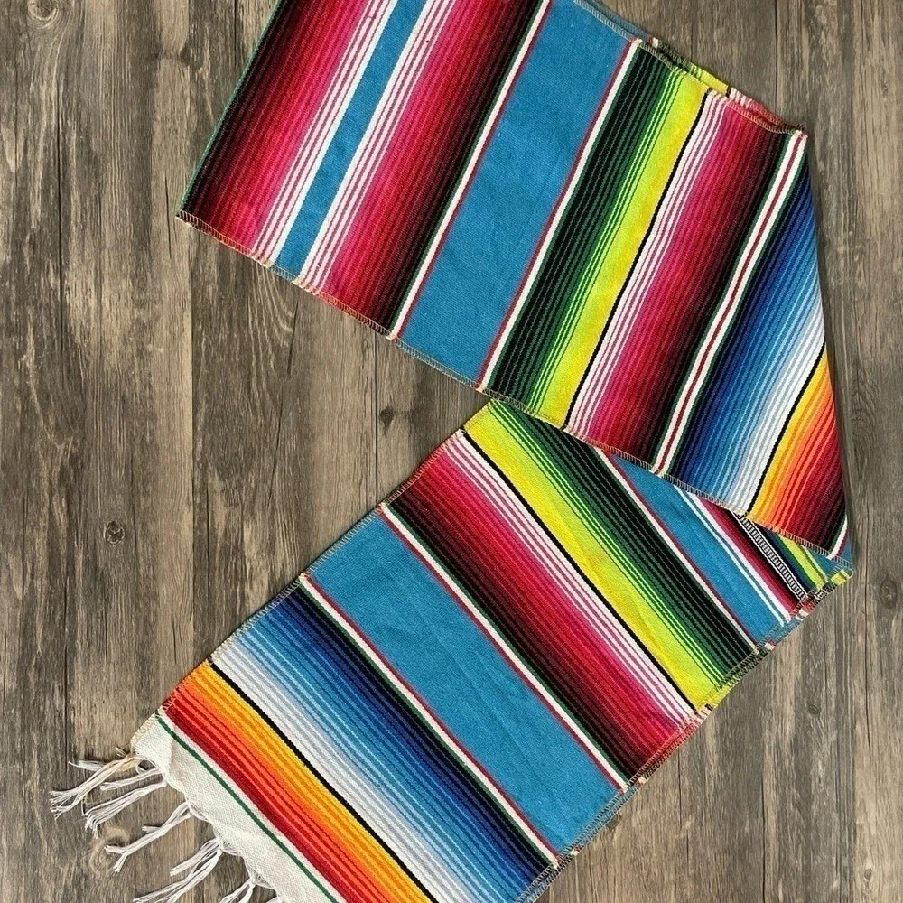 Mexican Serape Table Runner Rainbow Striped Woven Southwest Decor Fringe 100x14